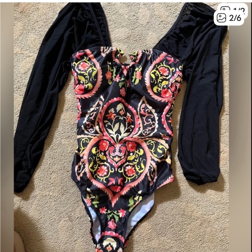 NWOT Paisley Floral Sheer Long Sleeve One-Piece Bathing Suit Swimsuit